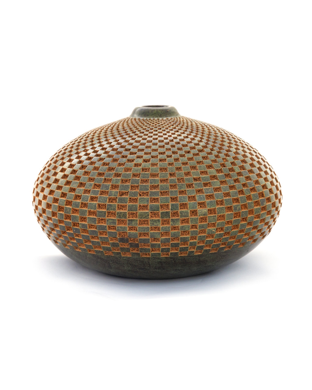 Mistral: handmade Nicaraguan ceramic squat round vessel with a carved honeycomb pattern in terracotta and grey-green, photographed on white
