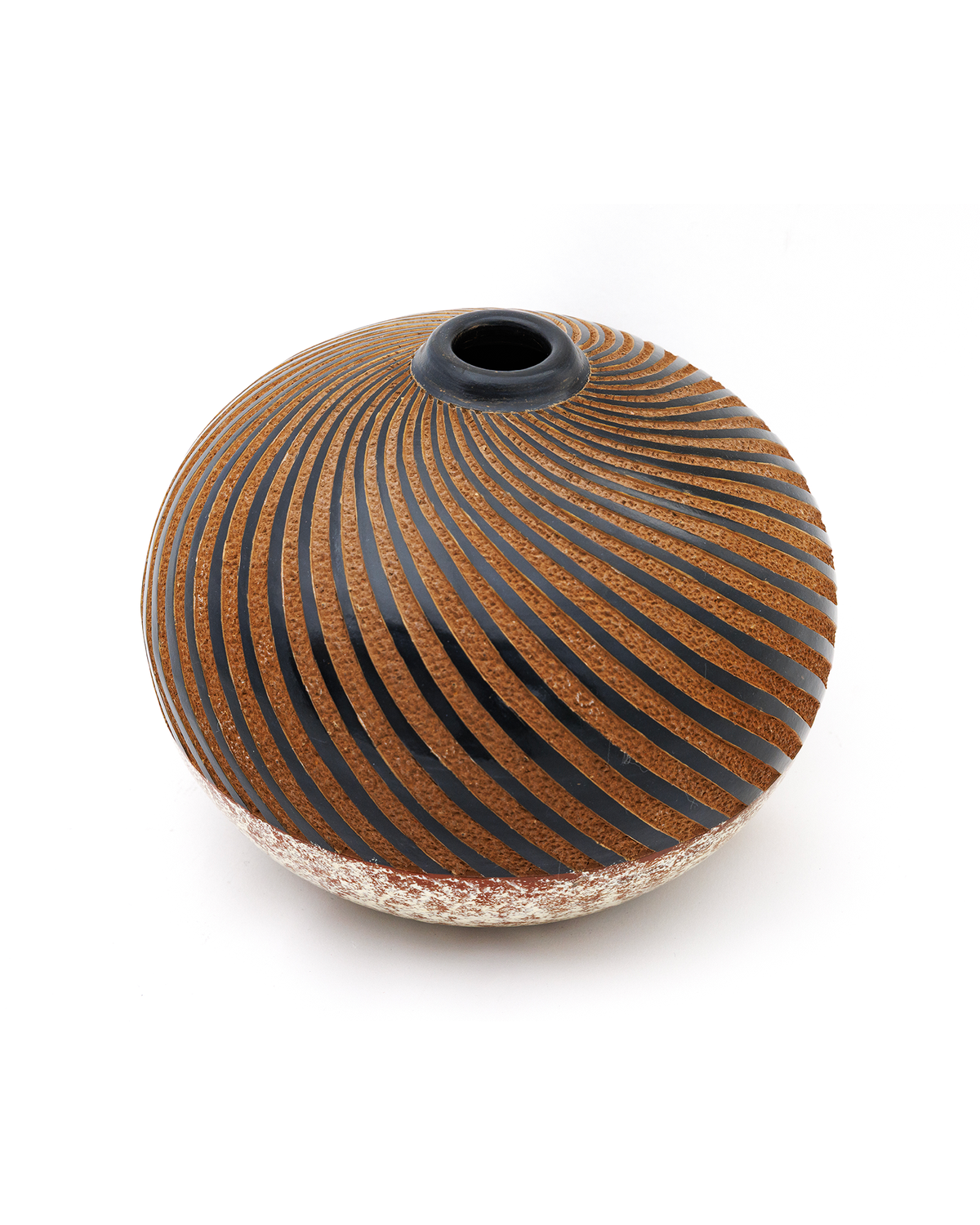 Pachira: handmade Nicaraguan ceramic round terracotta vessel with black spiral stripes
