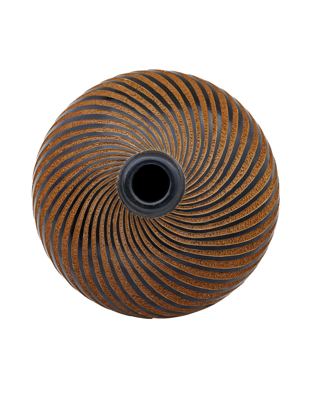 Pachira: handmade Nicaraguan ceramic round terracotta vessel with black spiral stripes, seen from above
