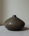 Veyla: handmade Nicaraguan ceramic low, wide vessel with a woven-look diamond pattern in brown and black