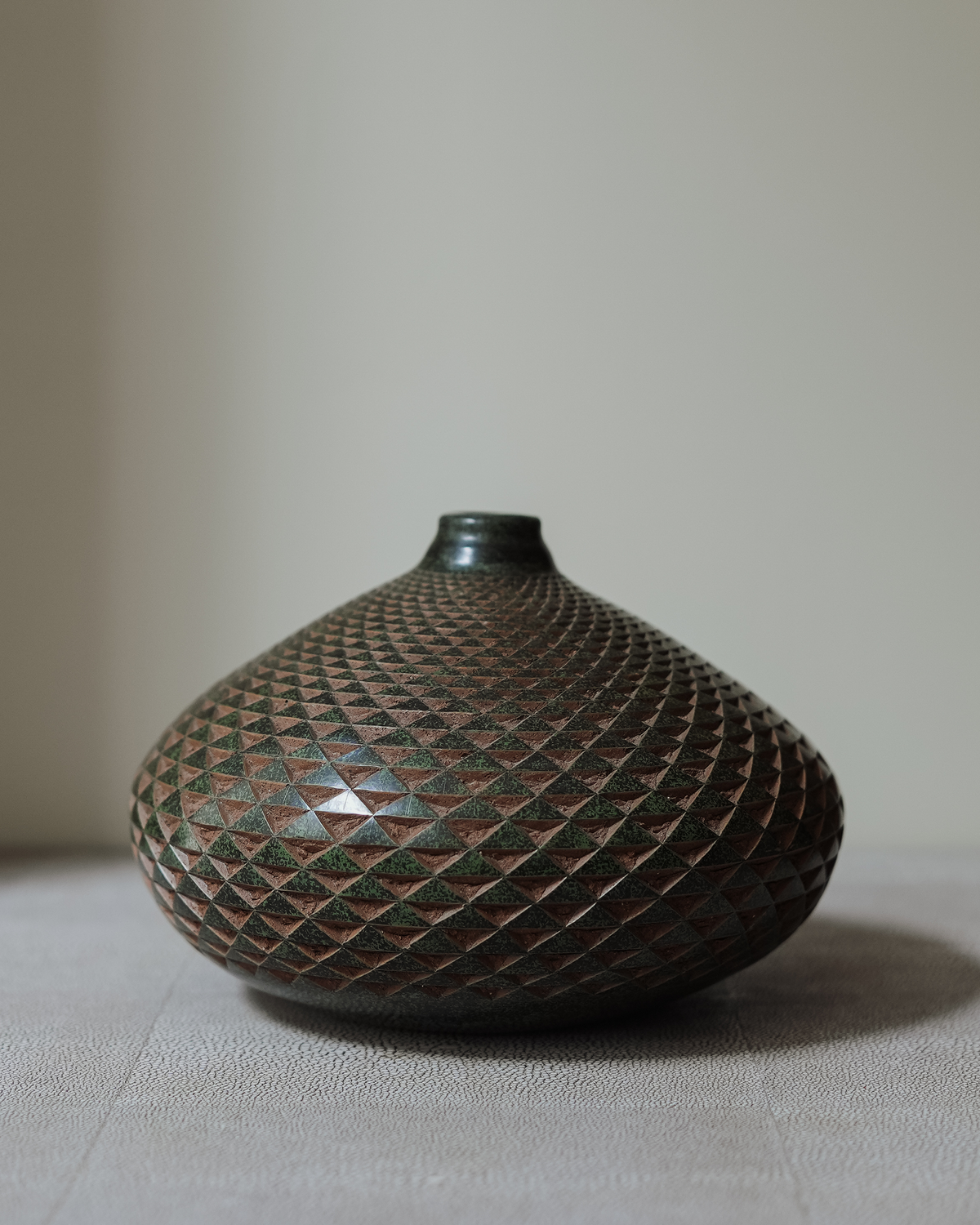 Veyla: handmade Nicaraguan ceramic low, wide vessel with a woven-look diamond pattern in brown and black
